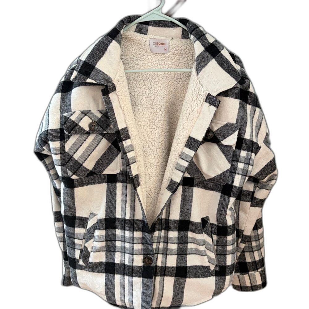 Ci Sono Outerwear Flannel Print Plaid Black and White Shirt Jacket